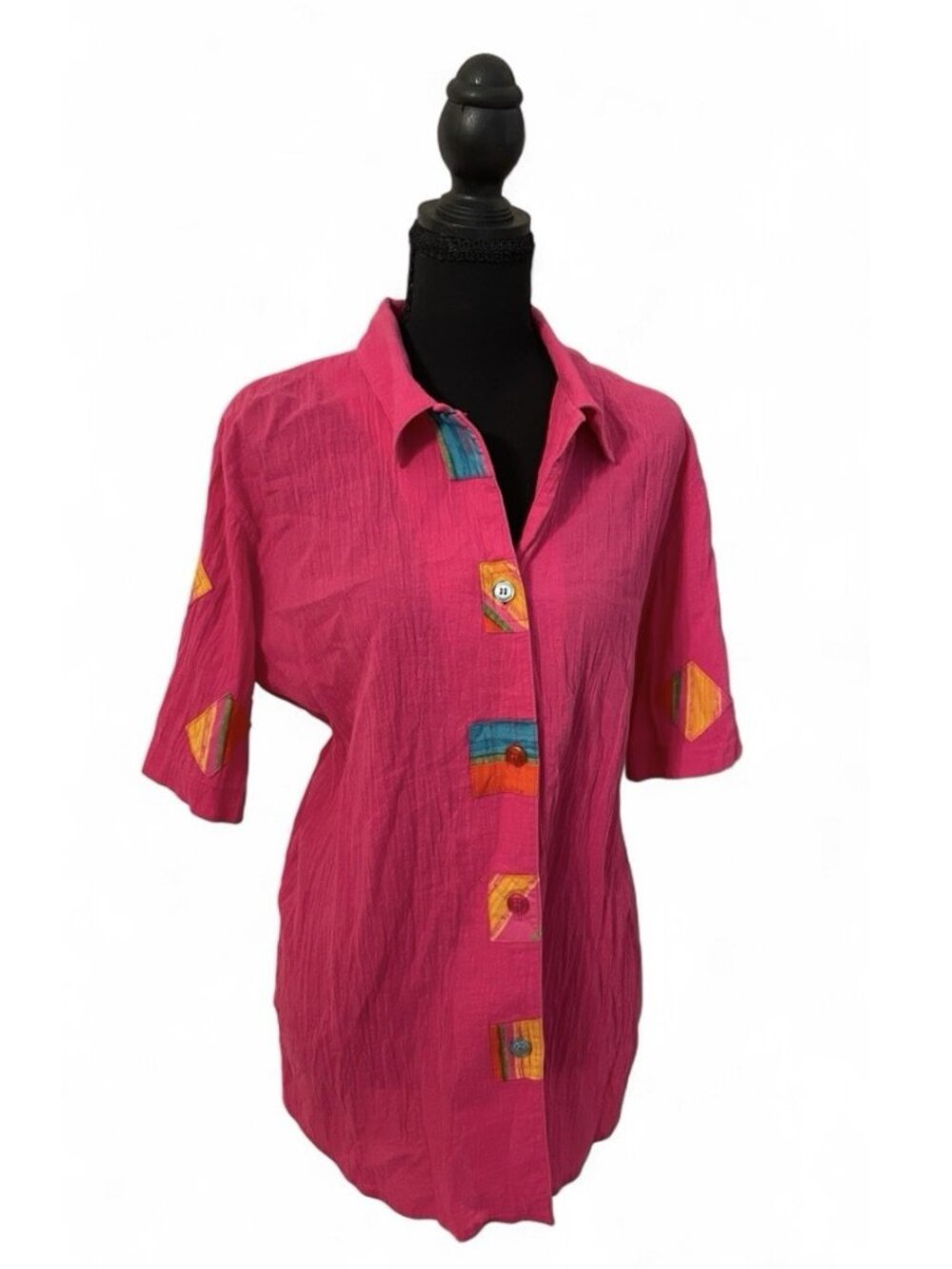 Vintage 90s Bonnie Boynton Artsy Pink Top Resortwear Shirt Button Gauze Cotton L